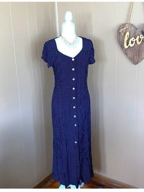 Sheri Martin Navy Blue Polka Dot Button-Front Maxi Dress 14W